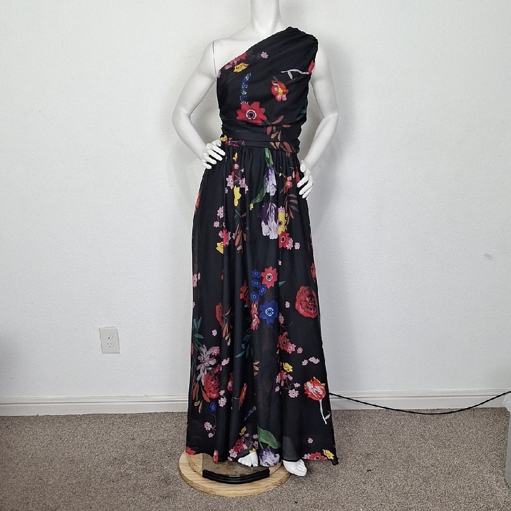 Order Plus NEW Black Floral Cottagecore One Shoulder Gown Maxi Dress Size M